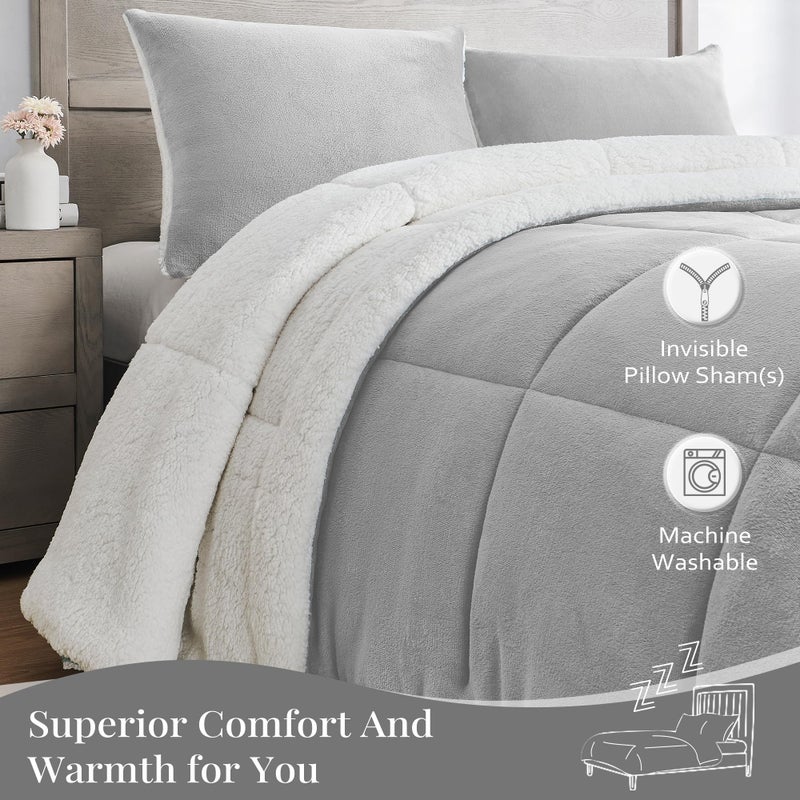 Basic Beyond Queen Comforter Set - Luxury Fleece Sherpa Comforter Sets for Queen Bed, Soft and Warm Queen Size Bedding Comforter Set for Winter, Grey, 88"x88" - Image 4